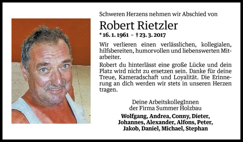  Todesanzeige für Robert Rietzler vom 25.03.2017 aus Vorarlberger Nachrichten