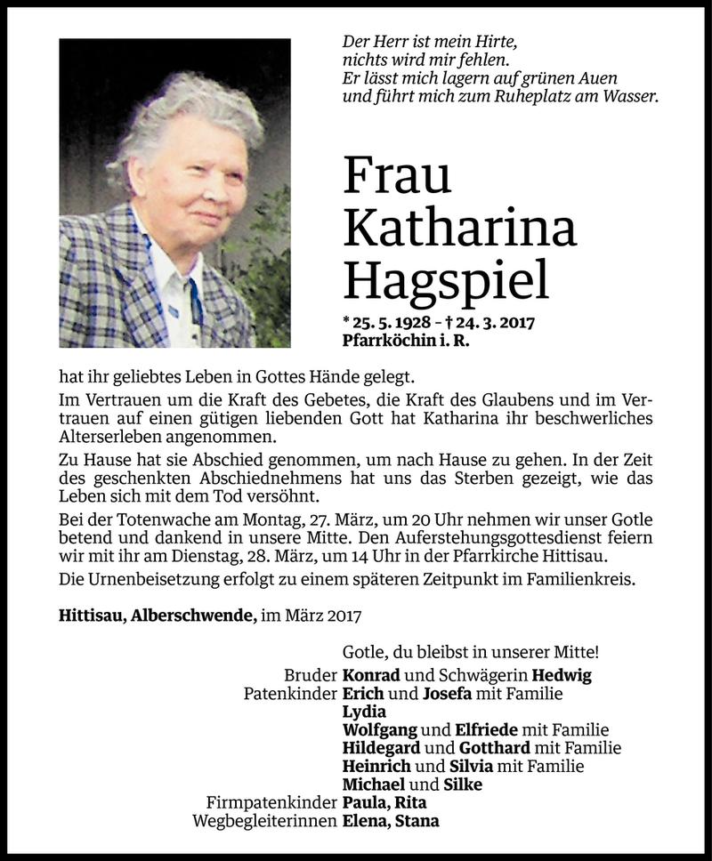  Todesanzeige für Katharina Hagspiel vom 26.03.2017 aus Vorarlberger Nachrichten