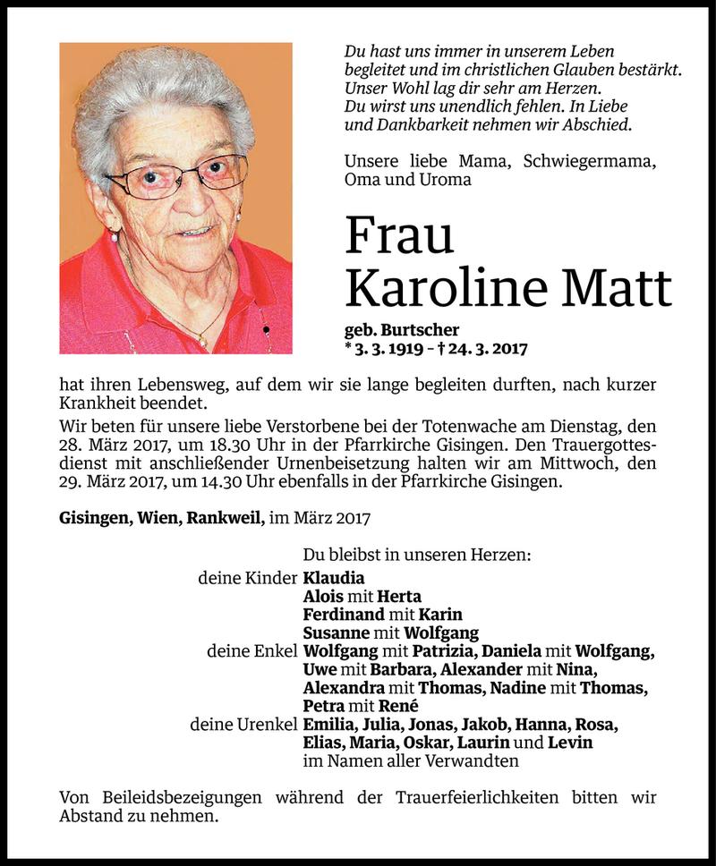  Todesanzeige für Karoline Matt vom 26.03.2017 aus Vorarlberger Nachrichten