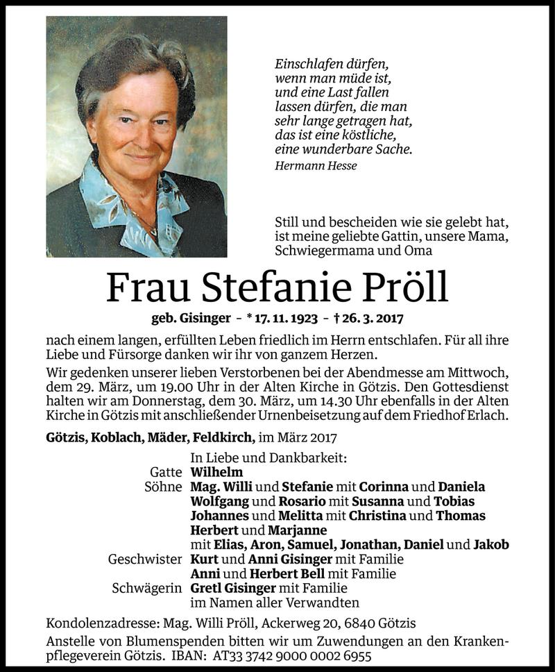  Todesanzeige für Stefanie Pröll vom 28.03.2017 aus Vorarlberger Nachrichten
