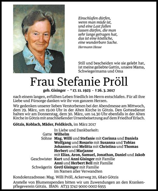 Todesanzeige von Stefanie Pröll von Vorarlberger Nachrichten
