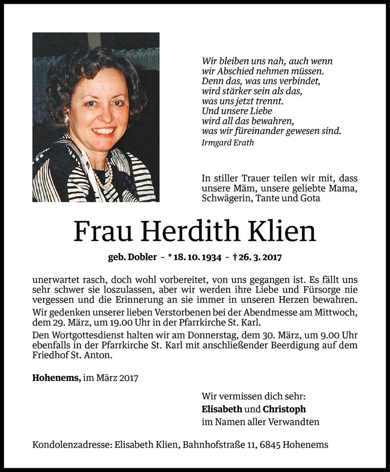  Todesanzeige für Herdith Klien vom 28.03.2017 aus Vorarlberger Nachrichten