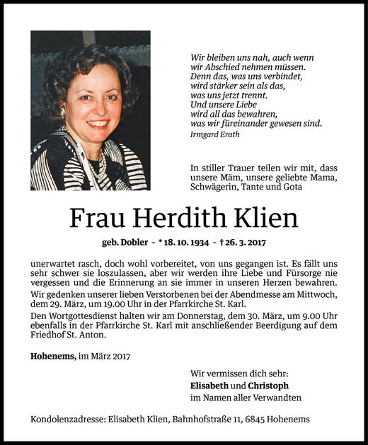 Todesanzeige von Herdith Klien von Vorarlberger Nachrichten