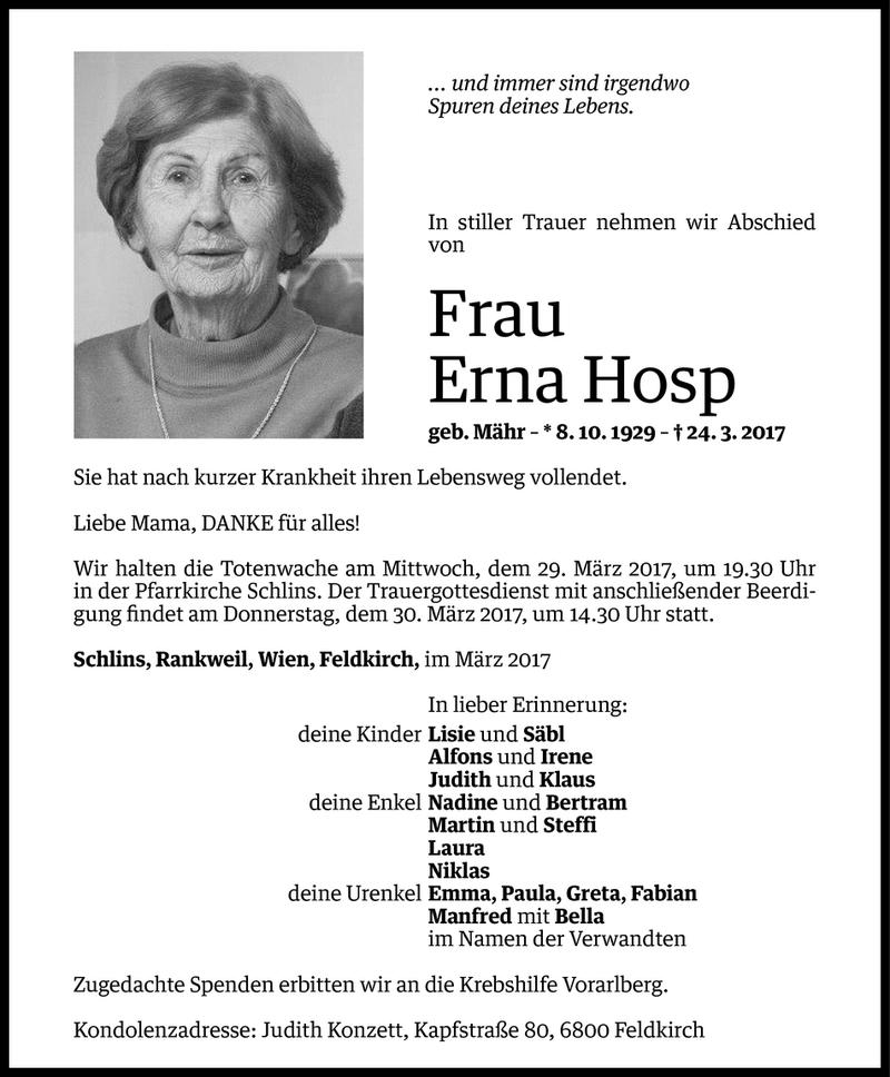  Todesanzeige für Erna Hosp vom 27.03.2017 aus Vorarlberger Nachrichten
