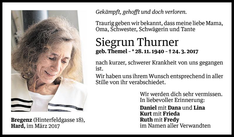  Todesanzeige für Siegrun Thurner vom 29.03.2017 aus Vorarlberger Nachrichten