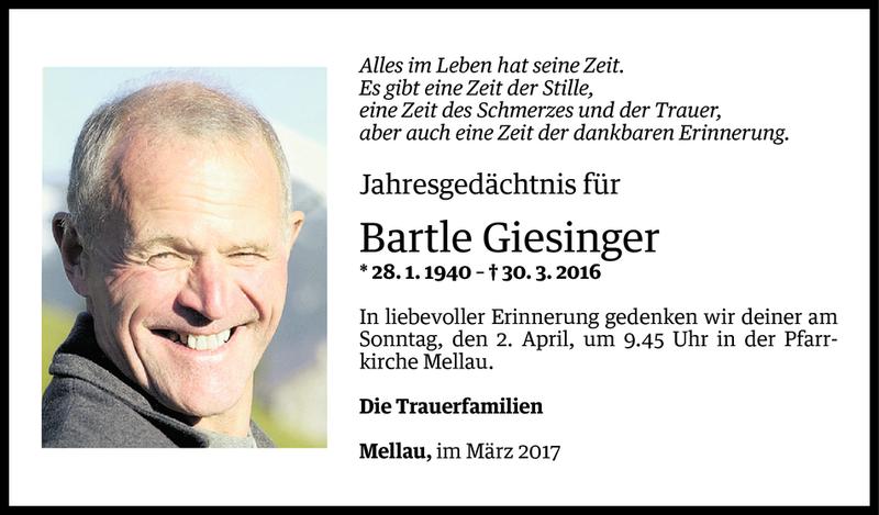  Todesanzeige für Bartle Giesinger vom 29.03.2017 aus Vorarlberger Nachrichten