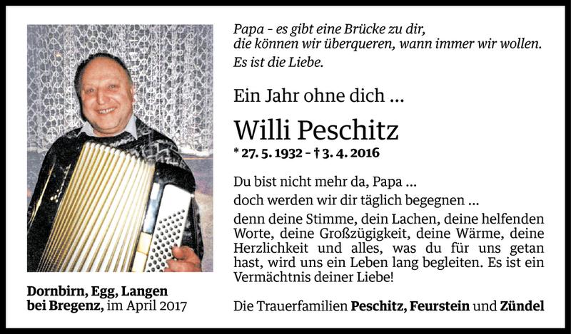  Todesanzeige für Wilhelm Peschitz vom 02.04.2017 aus Vorarlberger Nachrichten