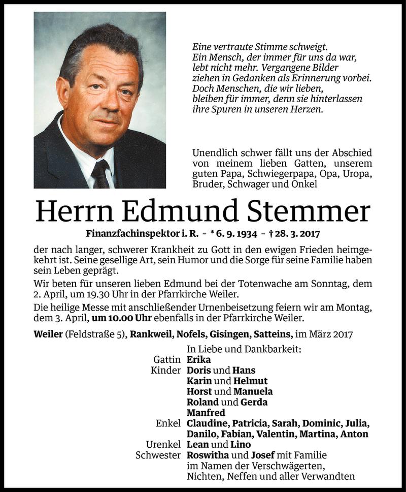  Todesanzeige für Edmund Stemmer vom 30.03.2017 aus Vorarlberger Nachrichten