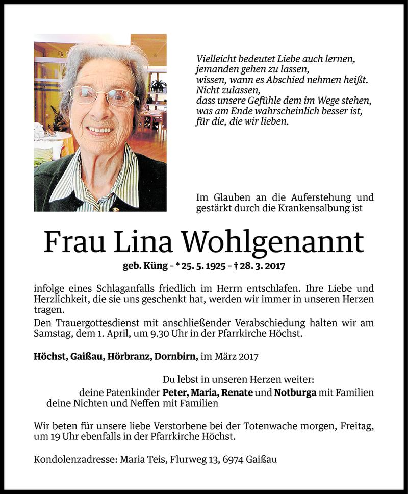 Todesanzeige für Lina Wohlgenannt vom 29.03.2017 aus Vorarlberger Nachrichten