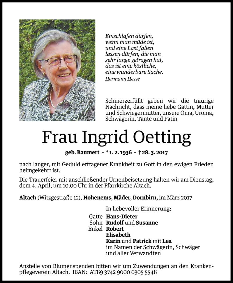 Todesanzeige für Ingrid Oetting vom 31.03.2017 aus Vorarlberger Nachrichten