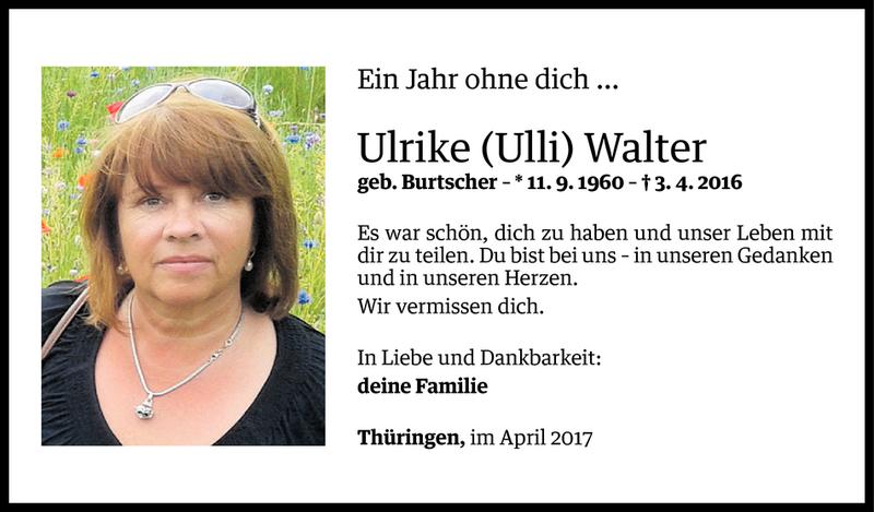  Todesanzeige für Ulrike Walter vom 31.03.2017 aus Vorarlberger Nachrichten