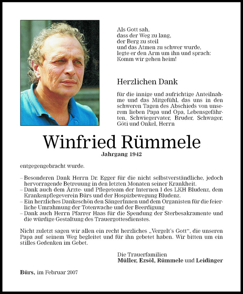  Todesanzeige für Winfried Rümmele vom 10.02.2007 aus Vorarlberger Nachrichten
