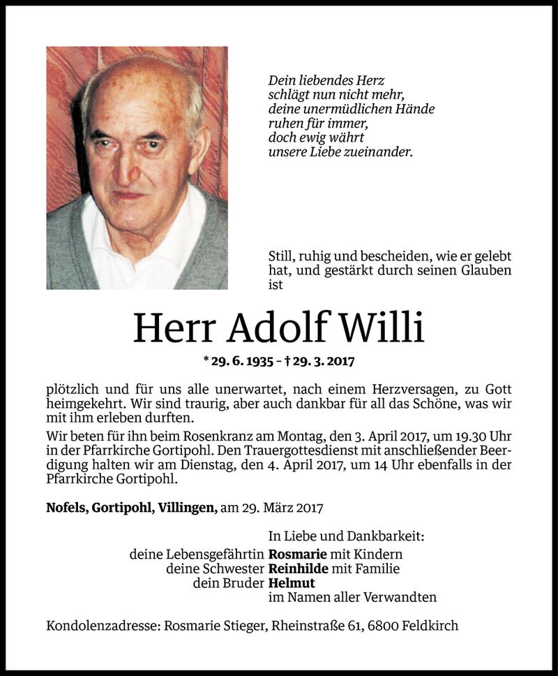  Todesanzeige für Adolf Willi vom 30.03.2017 aus Vorarlberger Nachrichten