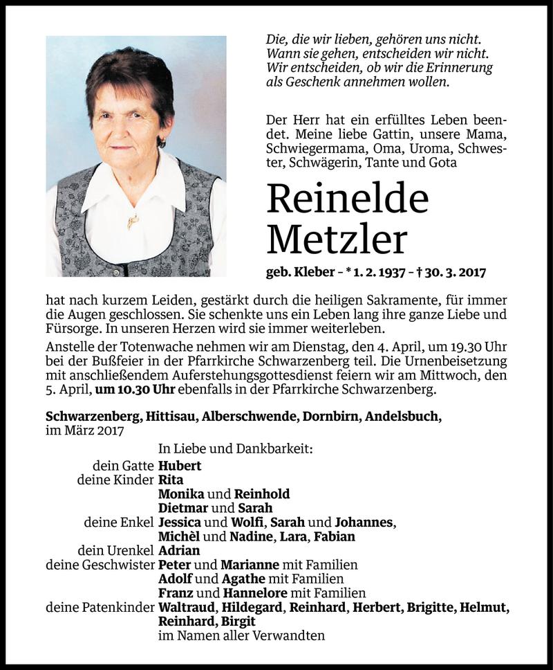  Todesanzeige für Reinelde Metzler vom 31.03.2017 aus Vorarlberger Nachrichten