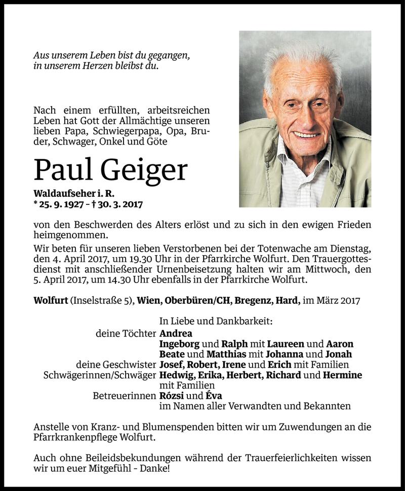  Todesanzeige für Paul Geiger vom 02.04.2017 aus Vorarlberger Nachrichten