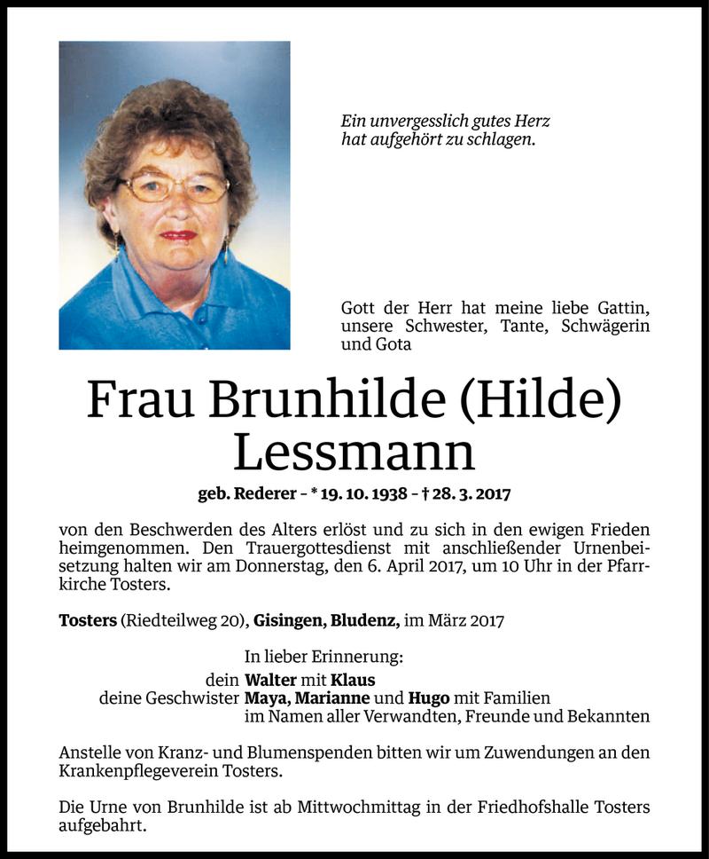  Todesanzeige für Brunhilde Lessmann vom 03.04.2017 aus Vorarlberger Nachrichten