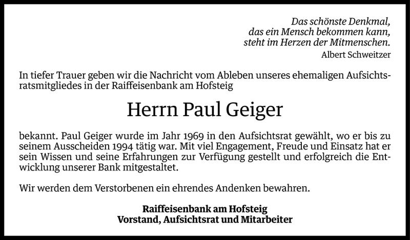  Todesanzeige für Paul Geiger vom 03.04.2017 aus Vorarlberger Nachrichten
