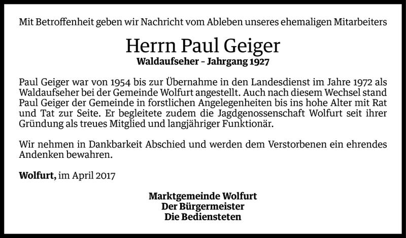  Todesanzeige für Paul Geiger vom 03.04.2017 aus Vorarlberger Nachrichten