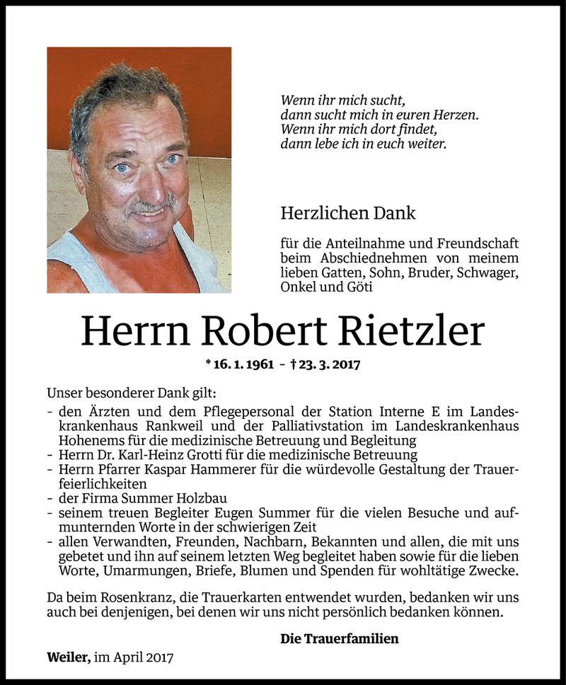  Todesanzeige für Robert Rietzler vom 04.04.2017 aus Vorarlberger Nachrichten