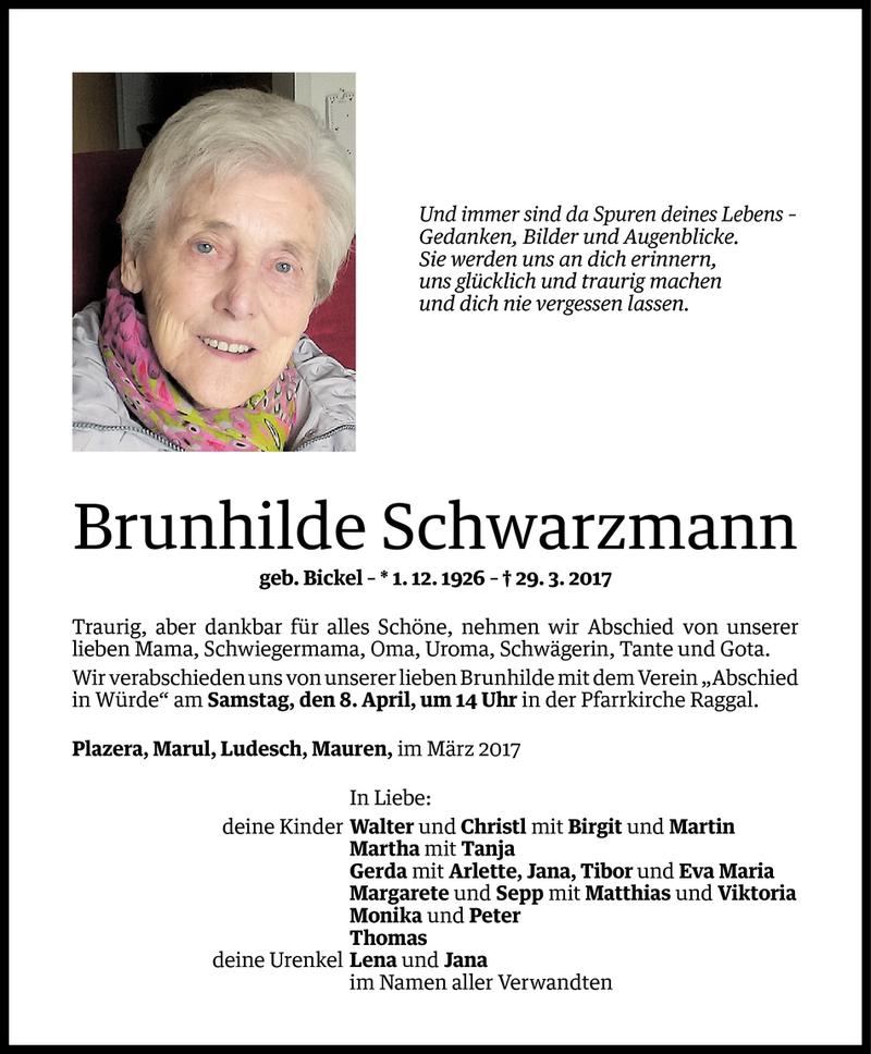  Todesanzeige für Brunhilde Schwarzmann vom 05.04.2017 aus Vorarlberger Nachrichten