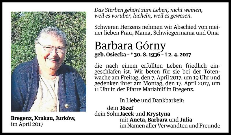  Todesanzeige für Barbara Gorny vom 04.04.2017 aus Vorarlberger Nachrichten