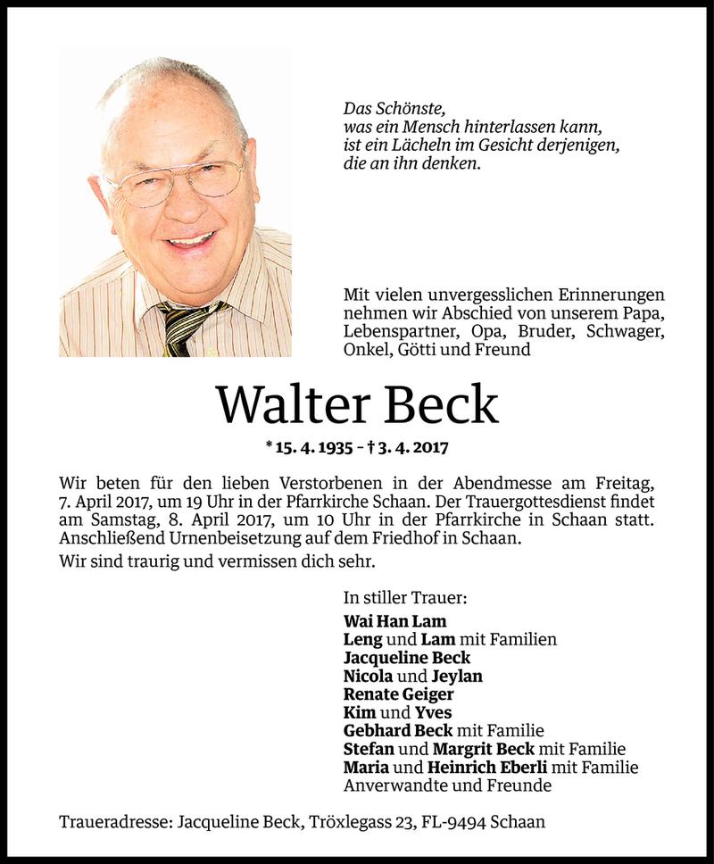  Todesanzeige für Walter Beck vom 05.04.2017 aus Vorarlberger Nachrichten