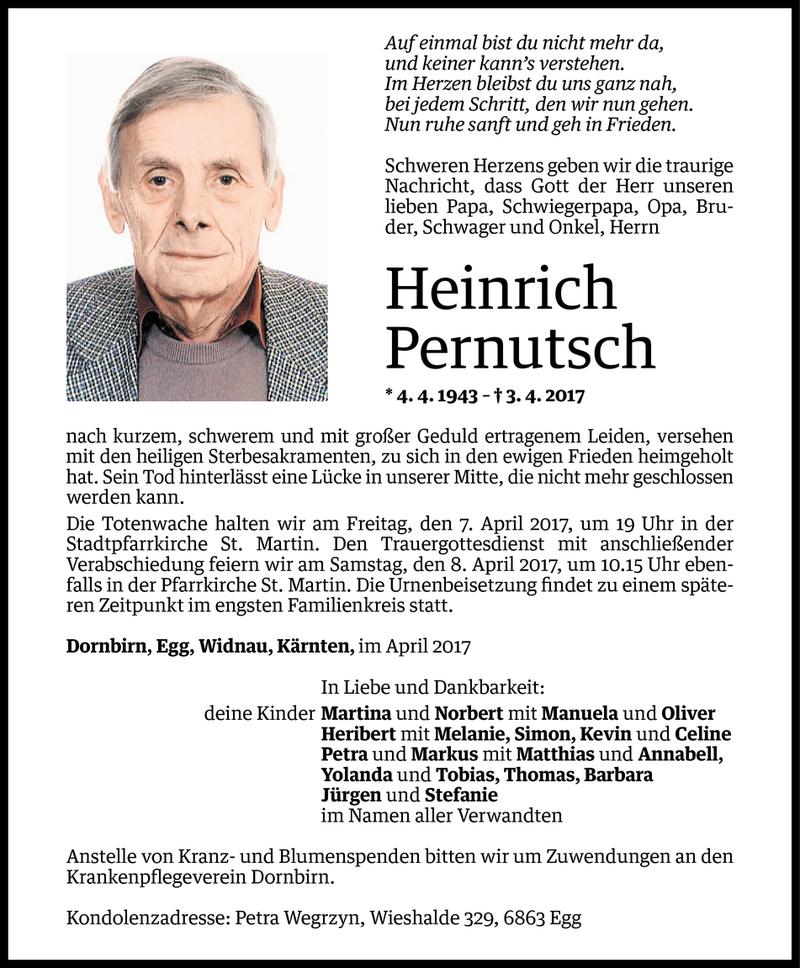  Todesanzeige für Heinrich Pernutsch vom 05.04.2017 aus Vorarlberger Nachrichten