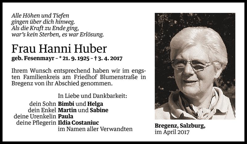  Todesanzeige für Hanni Huber vom 08.04.2017 aus Vorarlberger Nachrichten