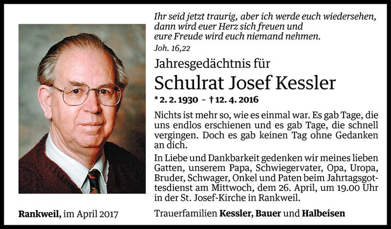  Todesanzeige für Josef Kessler vom 12.04.2017 aus Vorarlberger Nachrichten