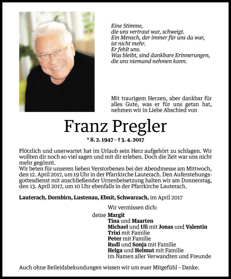  Todesanzeige für Franz Pregler vom 07.04.2017 aus Vorarlberger Nachrichten