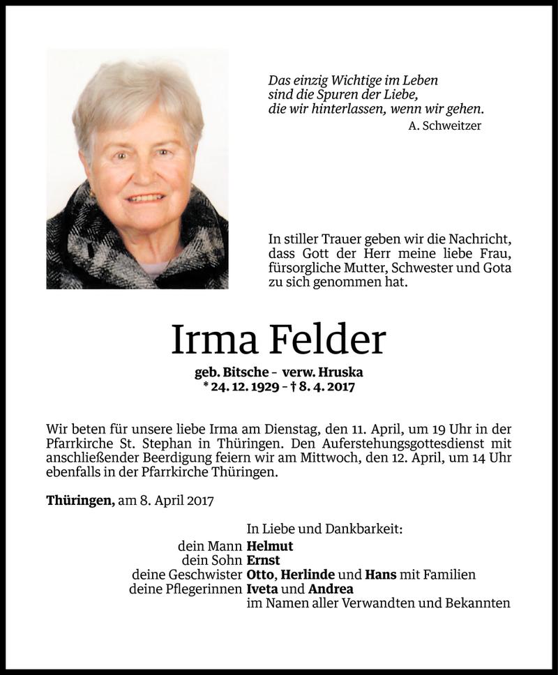  Todesanzeige für Irma Felder vom 09.04.2017 aus Vorarlberger Nachrichten