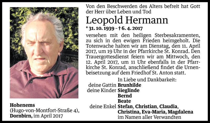  Todesanzeige für Leopold Hermann vom 09.04.2017 aus Vorarlberger Nachrichten
