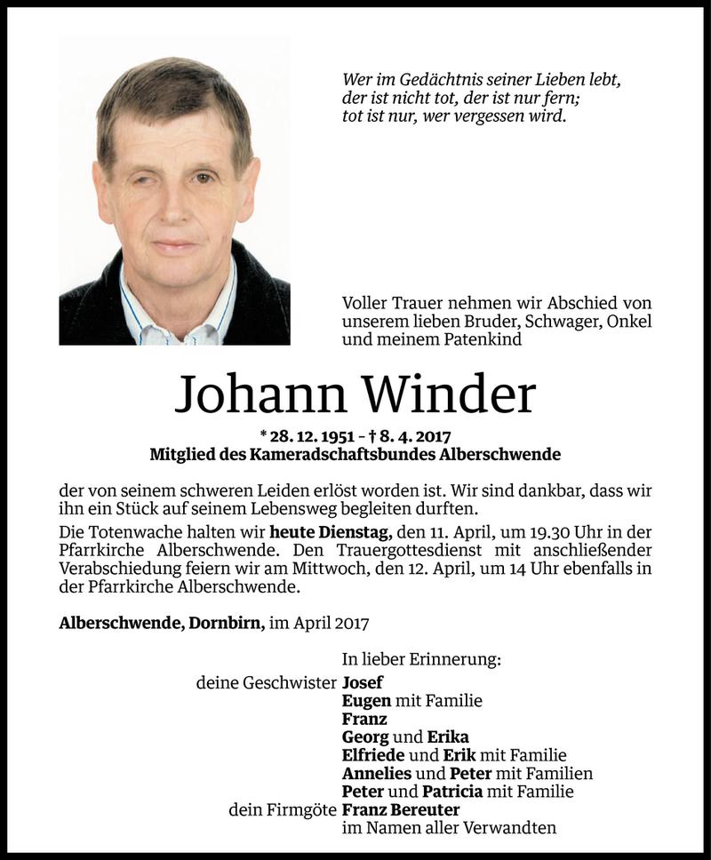  Todesanzeige für Johann Winder vom 10.04.2017 aus Vorarlberger Nachrichten