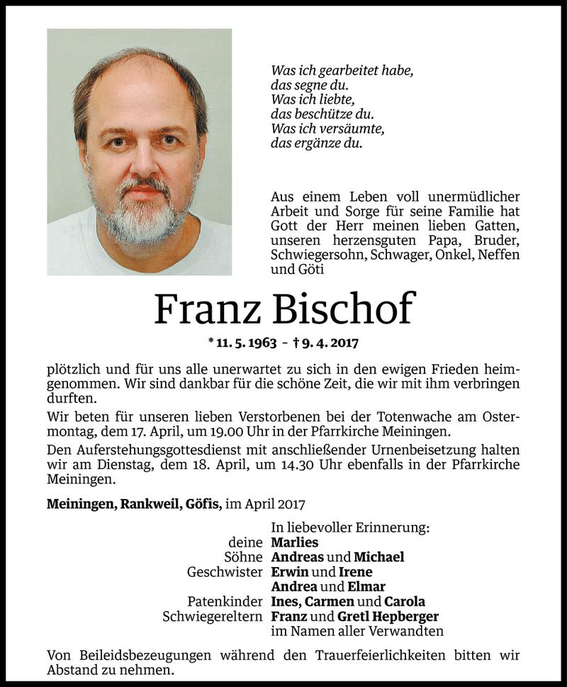  Todesanzeige für Franz Bischof vom 13.04.2017 aus Vorarlberger Nachrichten