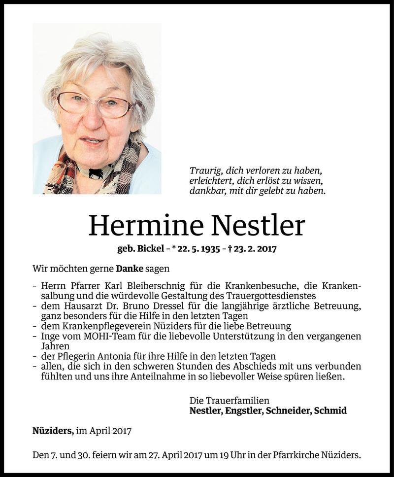  Todesanzeige für Hermine Nestler vom 13.04.2017 aus Vorarlberger Nachrichten