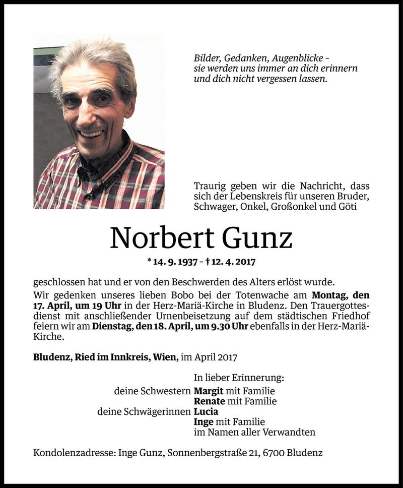  Todesanzeige für Norbert Gunz vom 14.04.2017 aus Vorarlberger Nachrichten