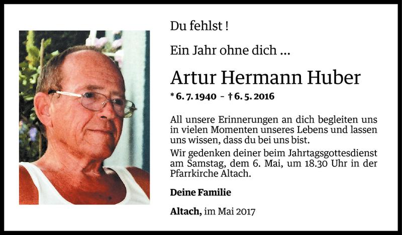  Todesanzeige für Artur Huber vom 06.05.2017 aus Vorarlberger Nachrichten