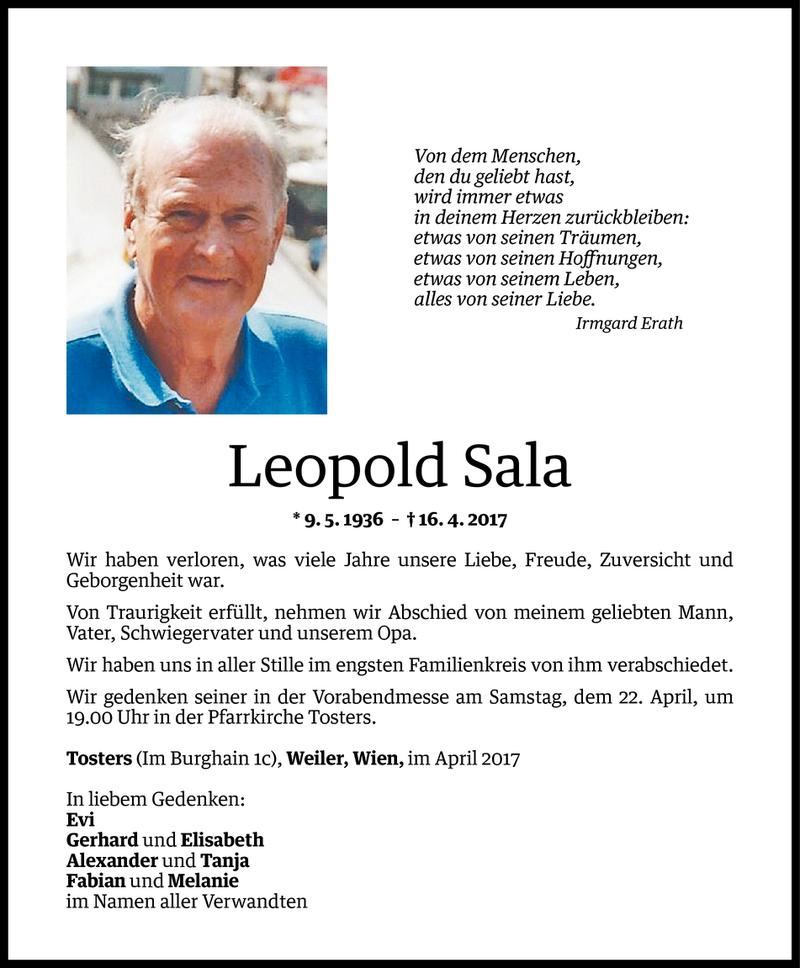  Todesanzeige für Leopold Sala vom 21.04.2017 aus Vorarlberger Nachrichten