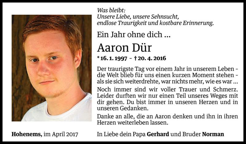  Todesanzeige für Aaron Dür vom 20.04.2017 aus Vorarlberger Nachrichten