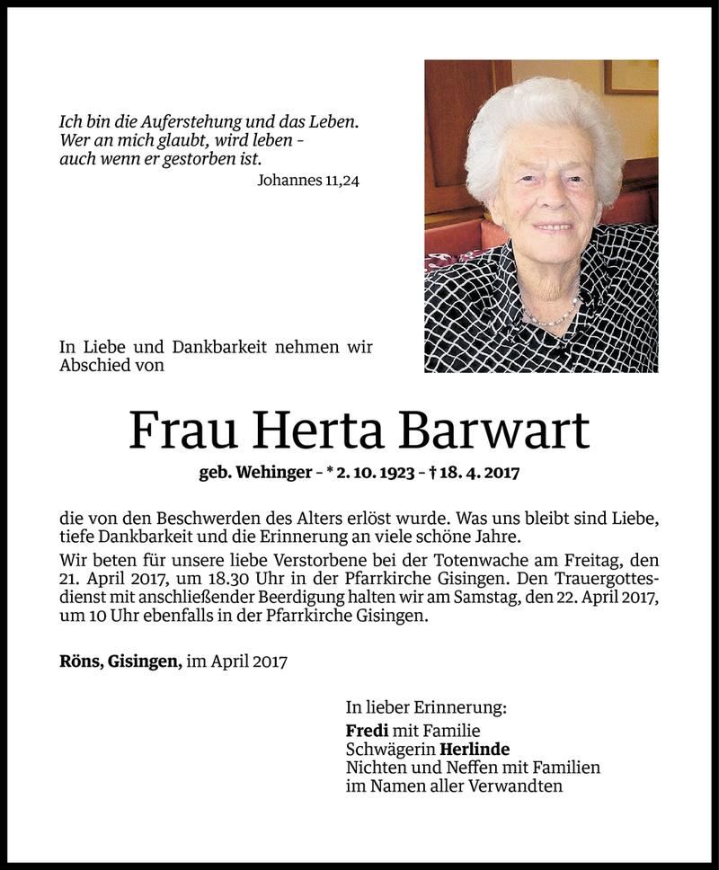 Todesanzeige für Herta Barwart vom 19.04.2017 aus Vorarlberger Nachrichten