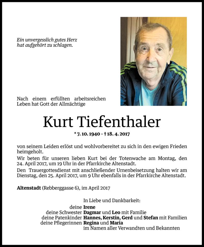  Todesanzeige für Kurt Tiefenthaler vom 21.04.2017 aus Vorarlberger Nachrichten