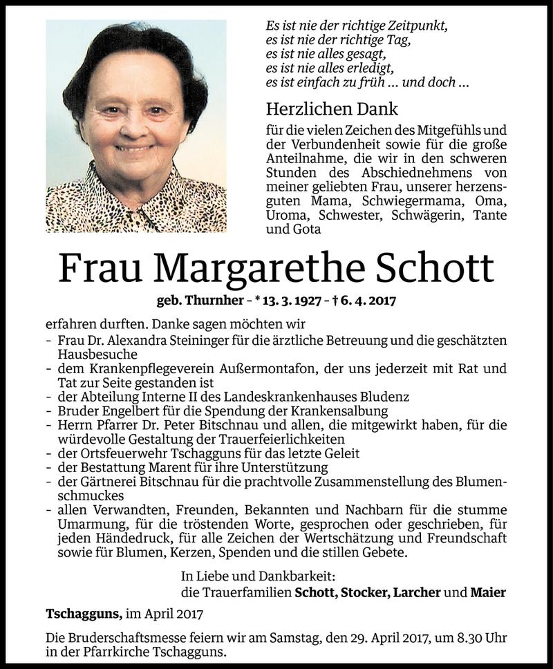  Todesanzeige für Margarethe Schott vom 20.04.2017 aus Vorarlberger Nachrichten