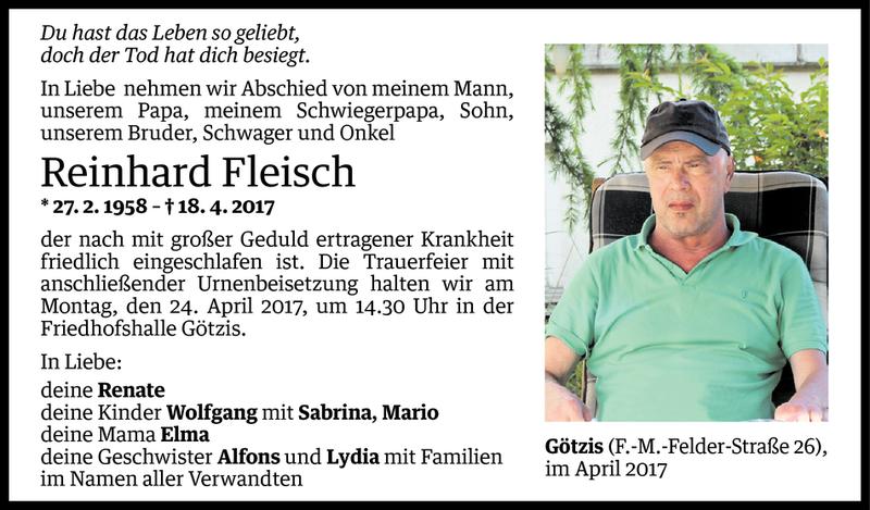  Todesanzeige für Reinhard Fleisch vom 21.04.2017 aus Vorarlberger Nachrichten