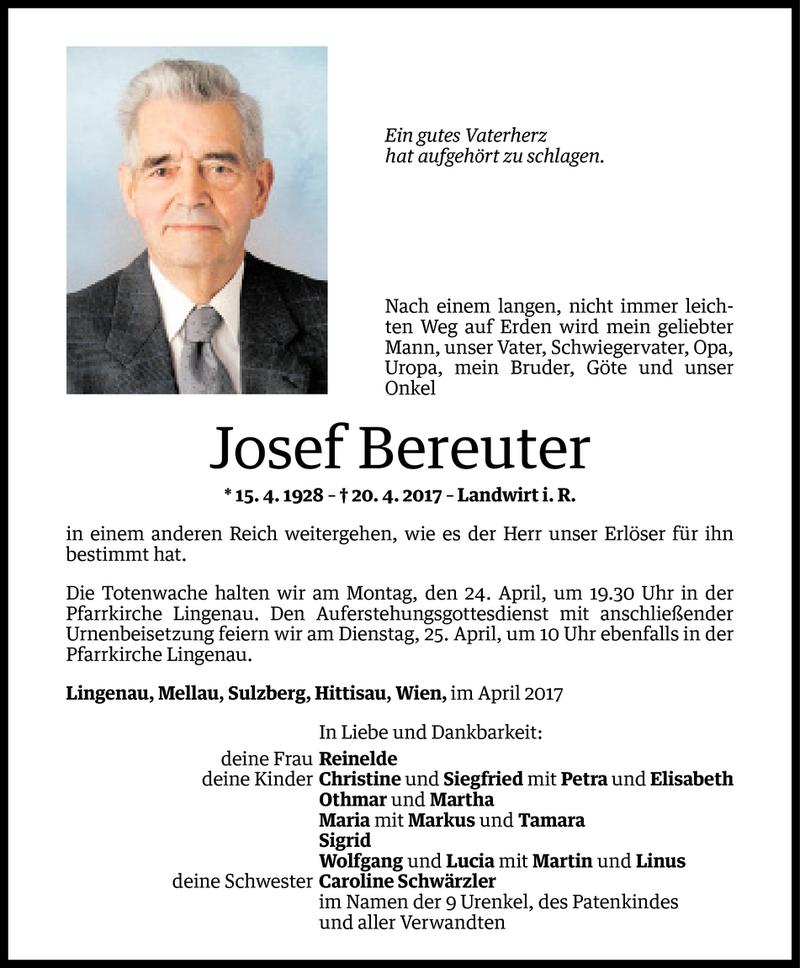  Todesanzeige für Josef Bereuter vom 21.04.2017 aus Vorarlberger Nachrichten