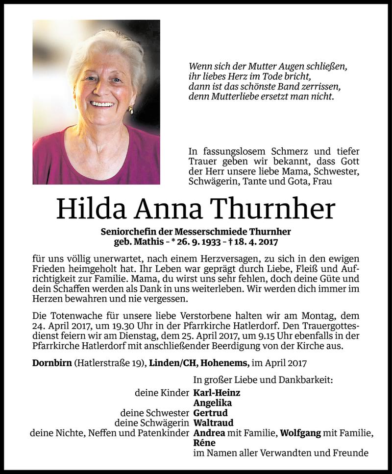  Todesanzeige für Hilda Anna Thurnher vom 21.04.2017 aus Vorarlberger Nachrichten