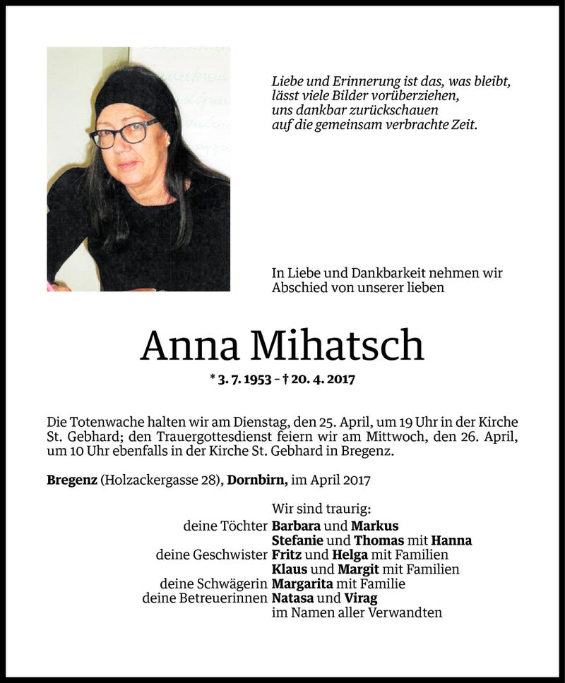  Todesanzeige für Anna Mihatsch vom 21.04.2017 aus Vorarlberger Nachrichten