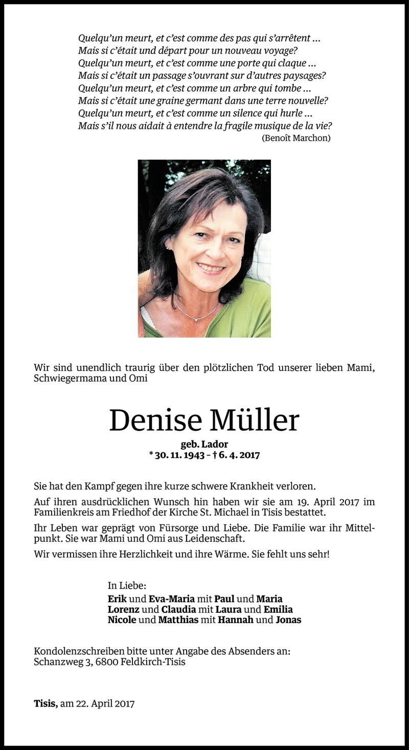  Todesanzeige für Denise Müller vom 21.04.2017 aus Vorarlberger Nachrichten