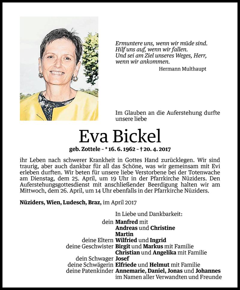  Todesanzeige für Eva Bickel vom 24.04.2017 aus Vorarlberger Nachrichten