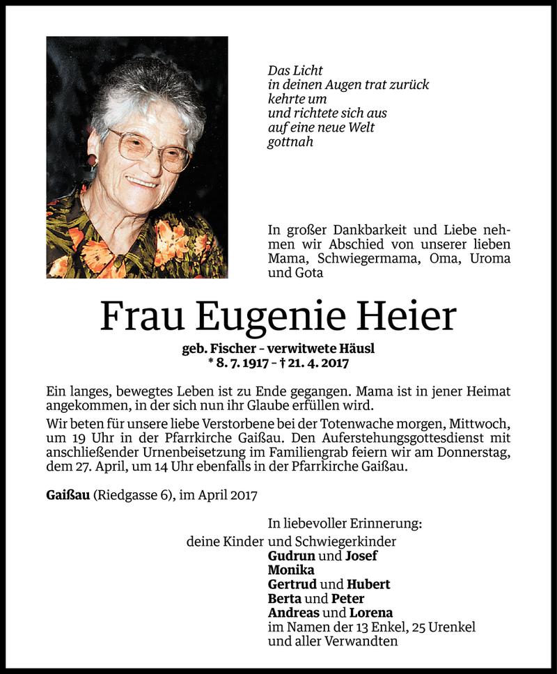  Todesanzeige für Eugenie Heier vom 24.04.2017 aus Vorarlberger Nachrichten