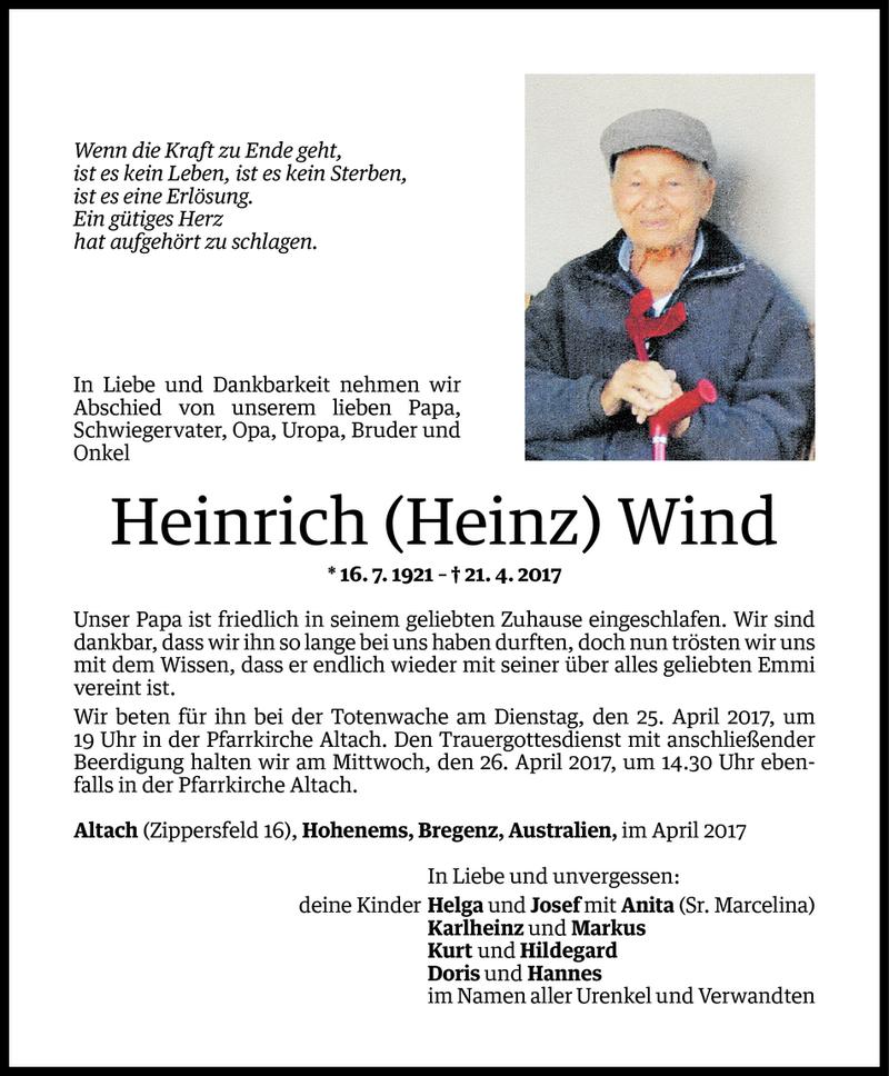  Todesanzeige für Heinrich Wind vom 24.04.2017 aus Vorarlberger Nachrichten